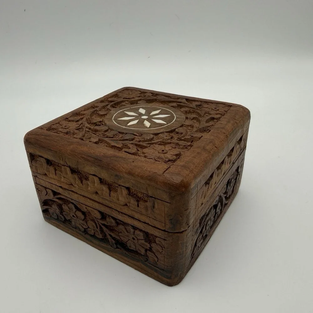 Vintage Wooden Trinket Box Jewelry Hinge Made in India Small Decor 4x4x2.5in